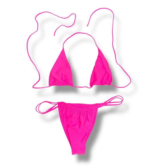 LOVERS + FRIENDS Neon Pink String Bikini Swimsuit Set Bra Top Smal Bottoms Large - Picture 3 of 8